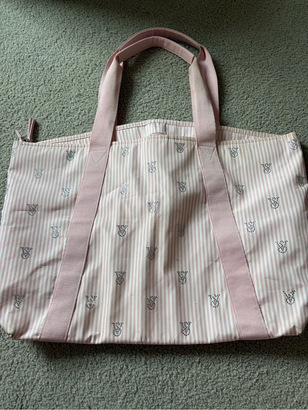 Victoria's Secret Pink Striped Tote with Cat Embroidery